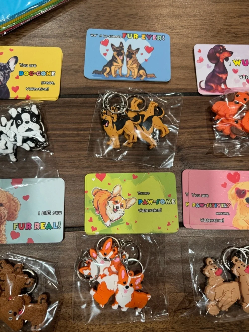 Dog-Themed valentines Keychain Lot with Colorful Cards 24Pc